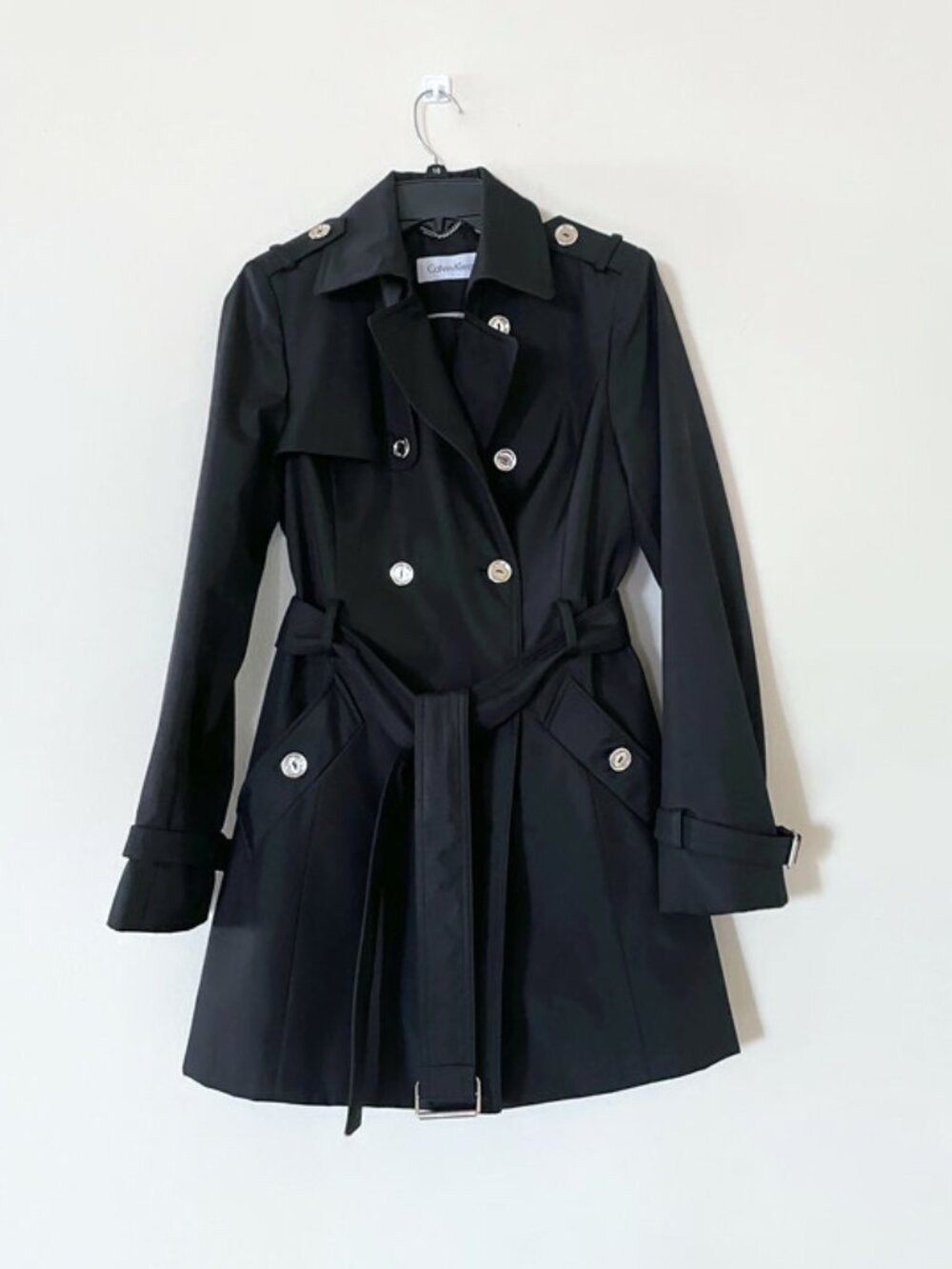 Calvin Klein Women's Button Down Rain Coat, Black Double Breasted Trench Coat